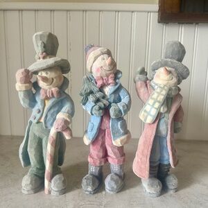 Vintage Christmas Snowman Set Of 3 Tall Fuzzy Flocked Velvet Carved Winter Decor
